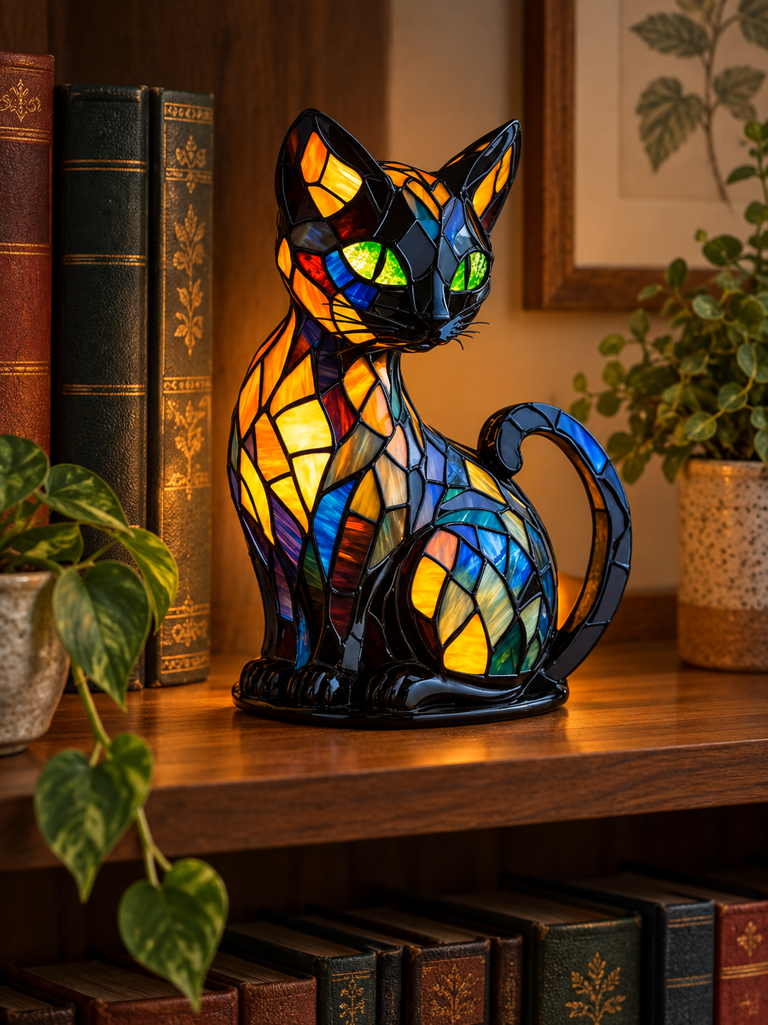 Stained glass cat table lamp on a warm wood bookshelf