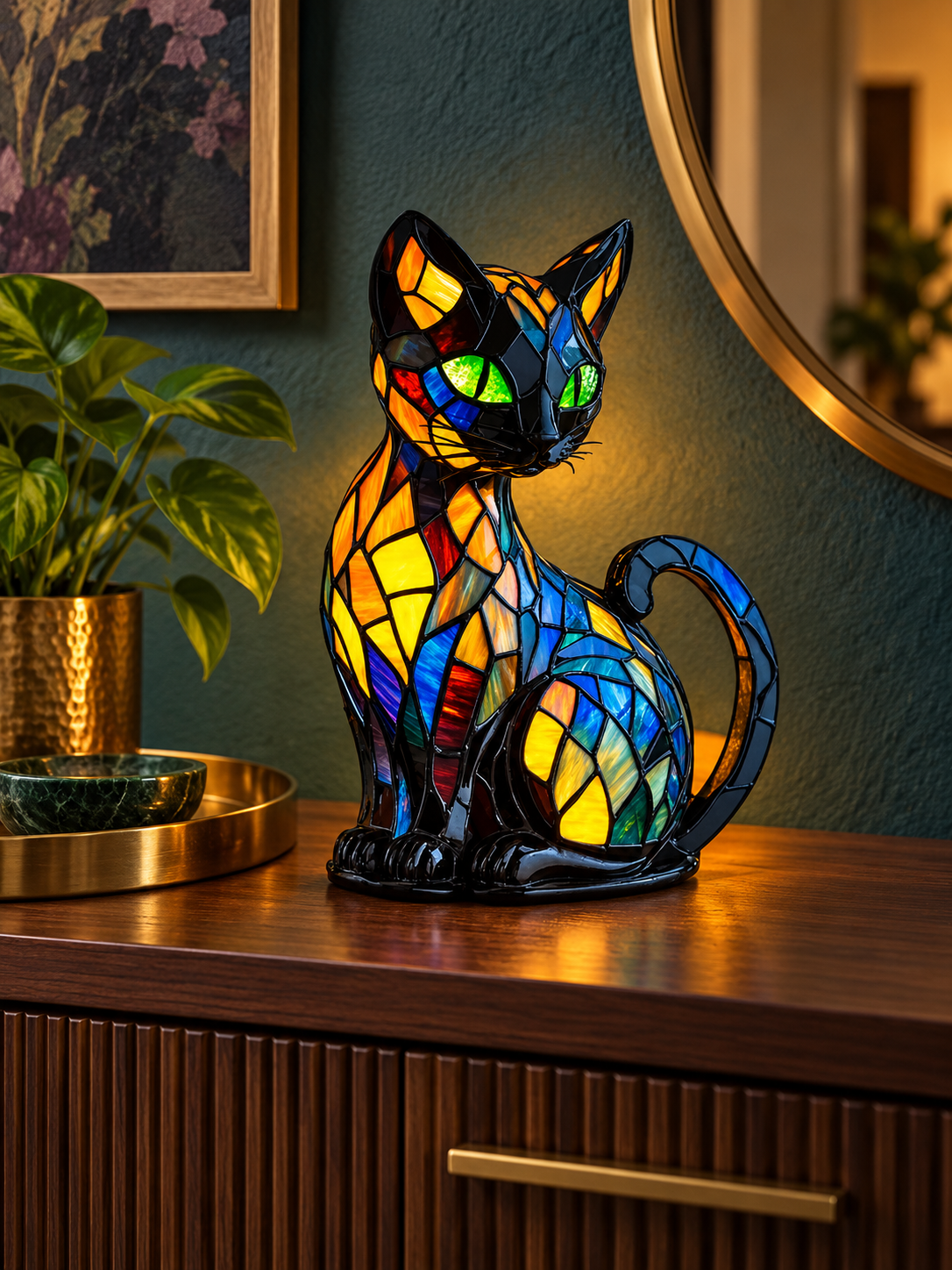 Stained glass cat table lamp on a jewel-toned entryway console