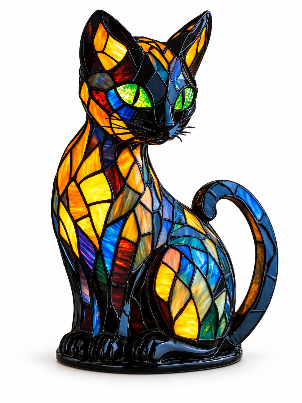 Stained glass cat table lamp on white background