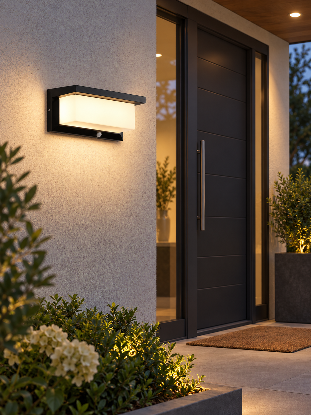 Outdoor motion sensor wall light at a modern front entry