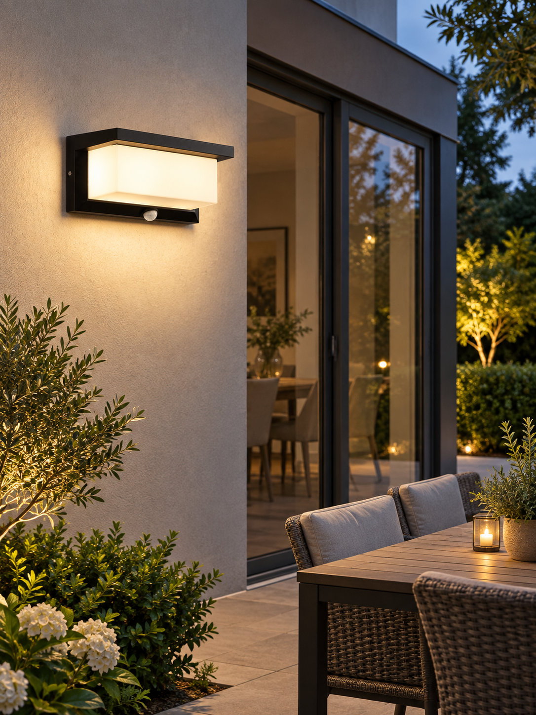 Outdoor LED wall light illuminating a garden patio