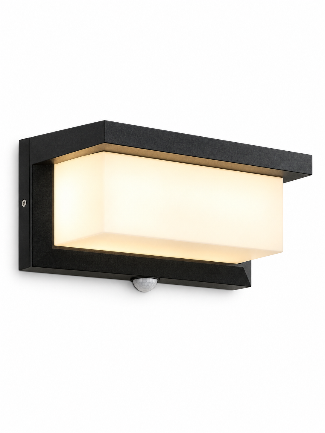 Outdoor LED wall light with motion sensor on white background