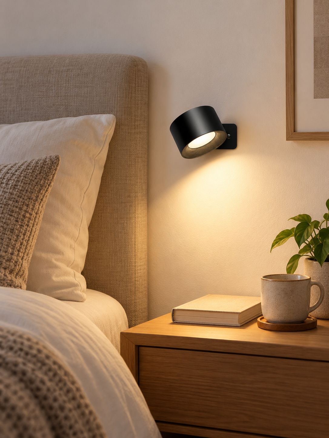 Touch-activated LED mood light beside a bed