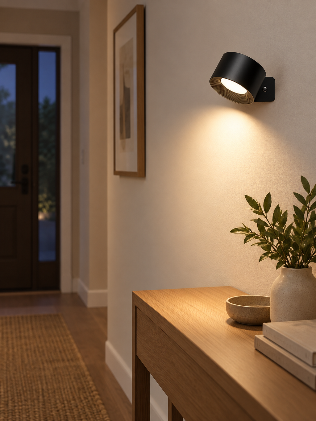 Touch-activated LED mood light illuminating a hallway console