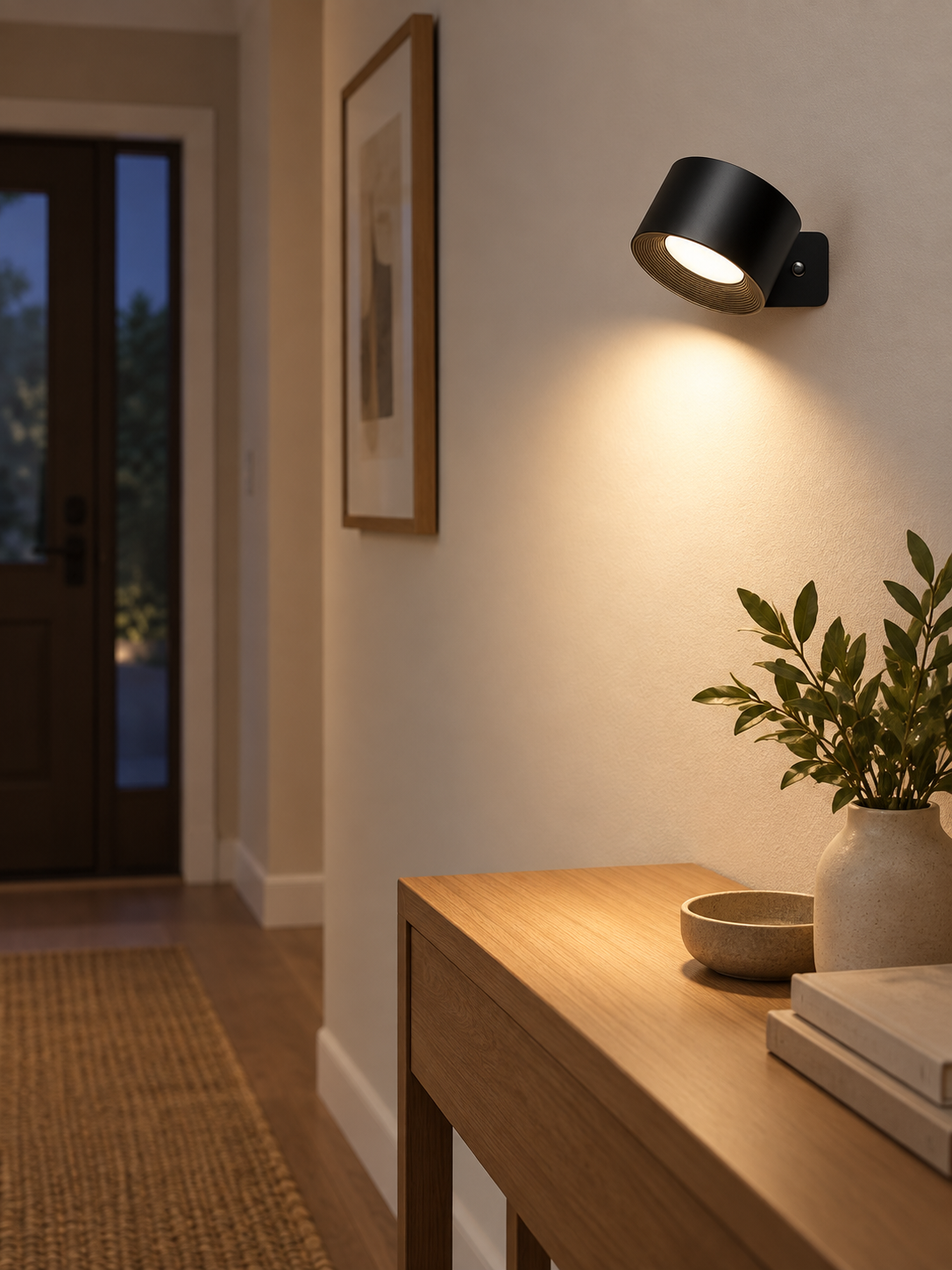 Touch-activated LED mood light illuminating a hallway console