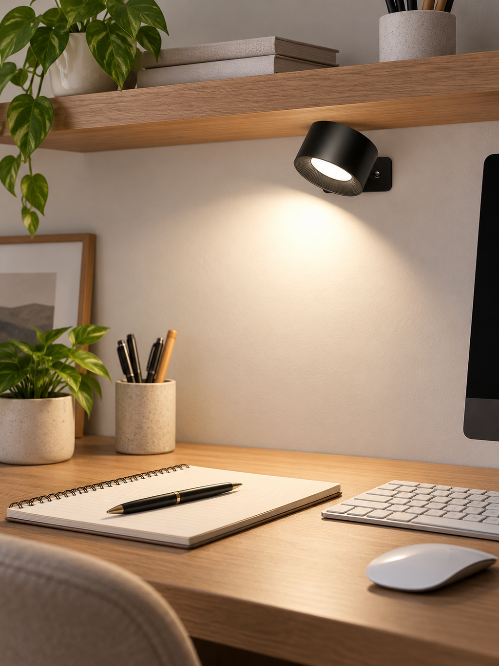 Touch-activated LED mood light above a home office desk