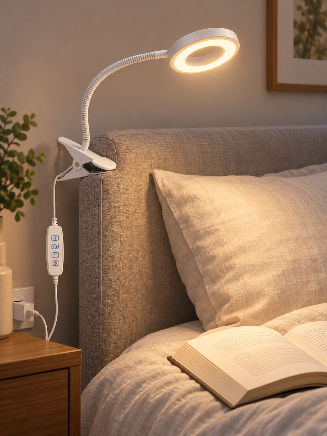 Flexible clamp lamp attached to a bedroom headboard