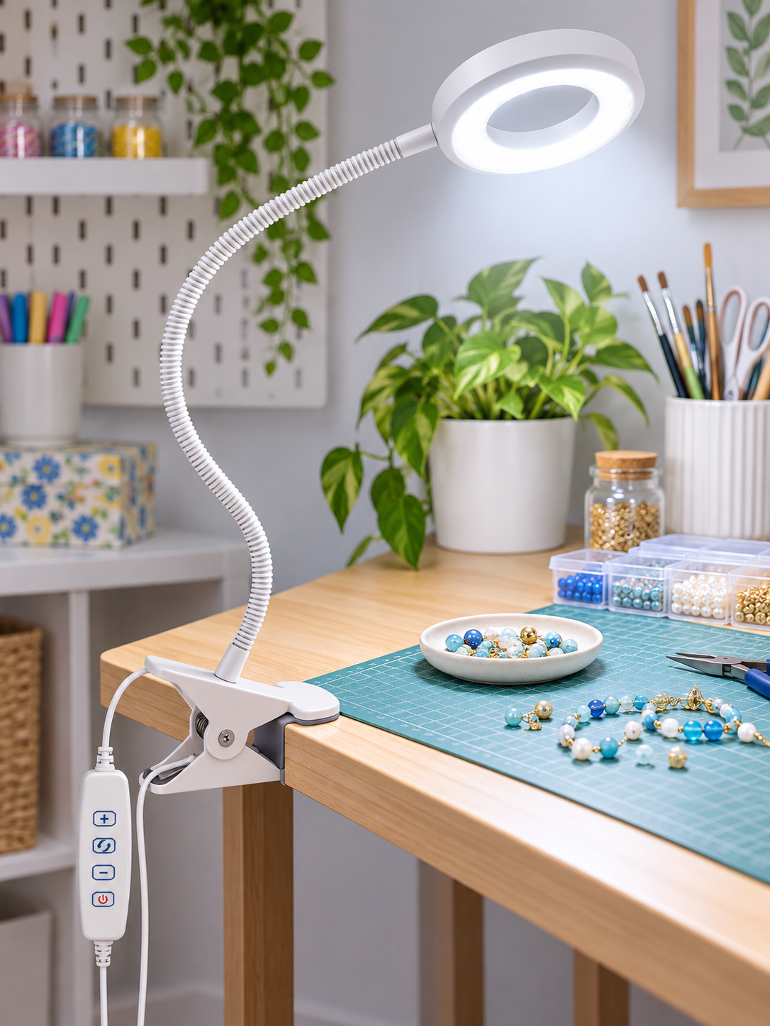 Flexible clamp lamp illuminating a craft table