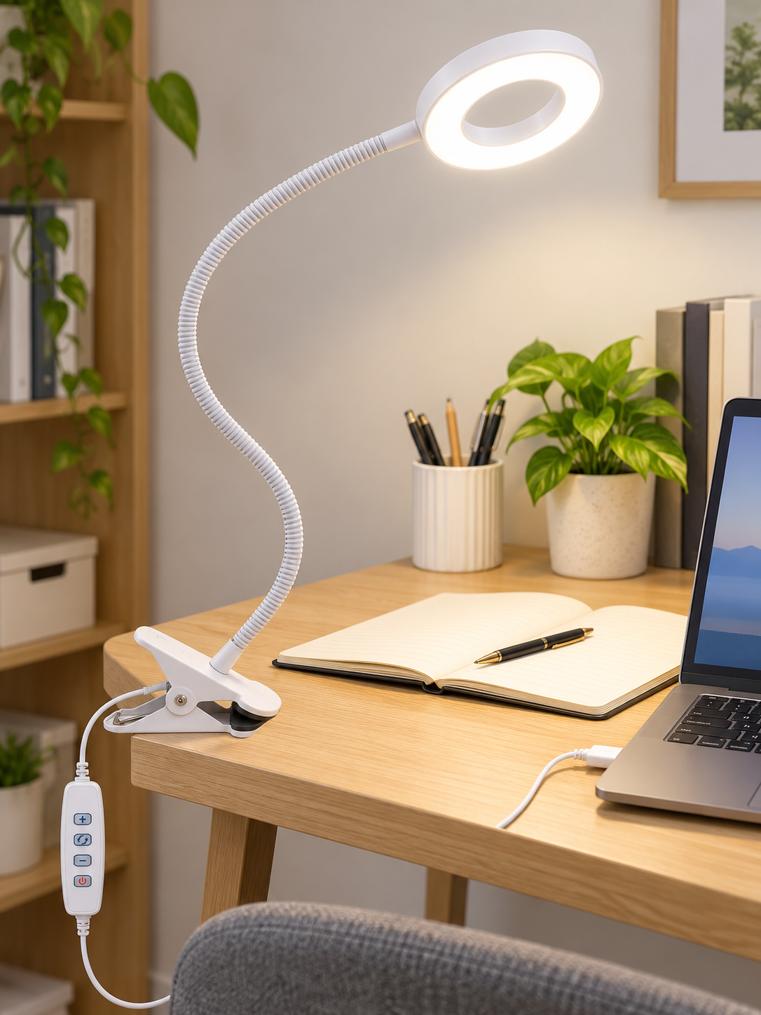 Flexible clamp desk lamp illuminating a home office