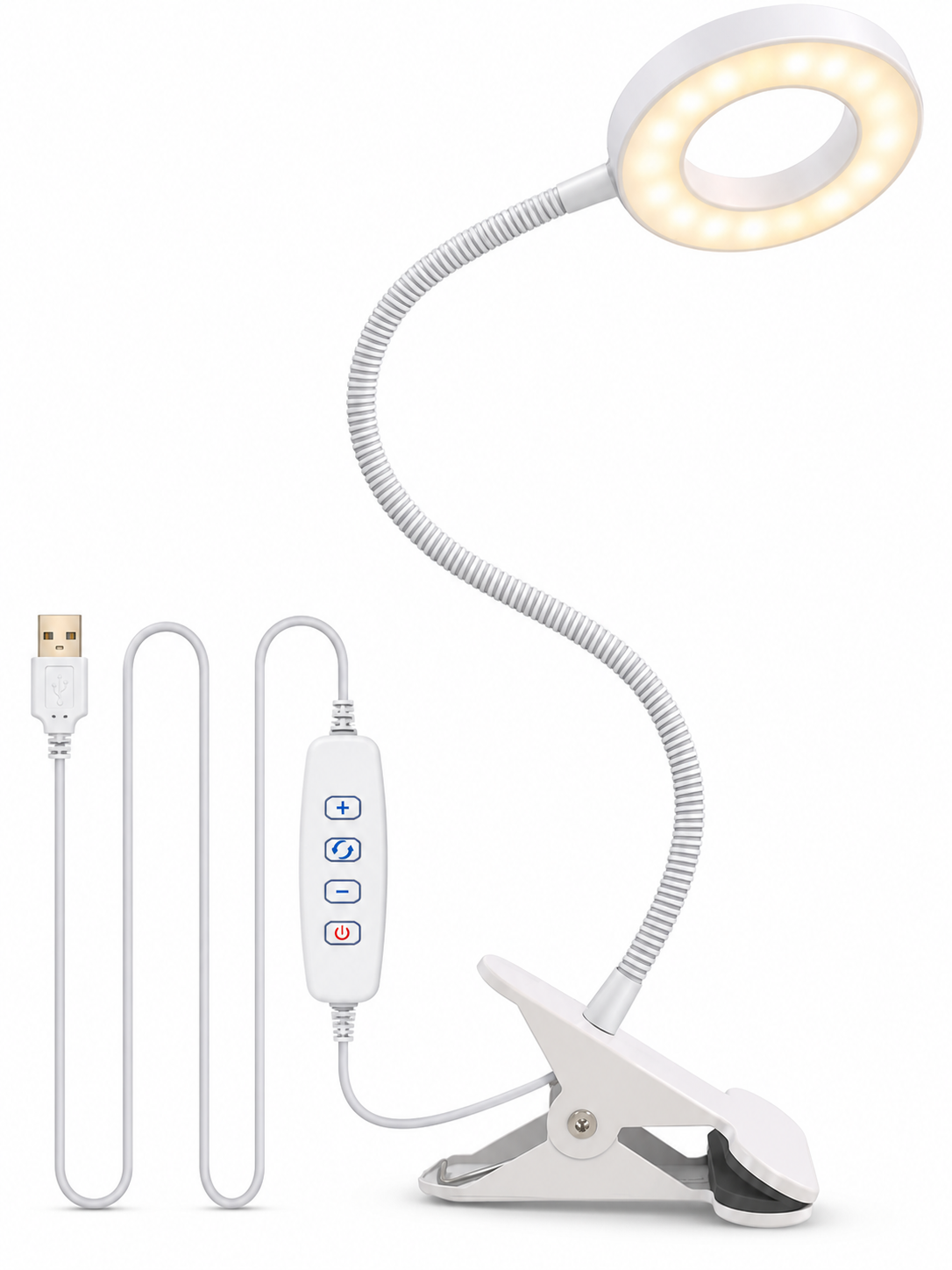 White flexible clamp-on LED desk lamp on white background