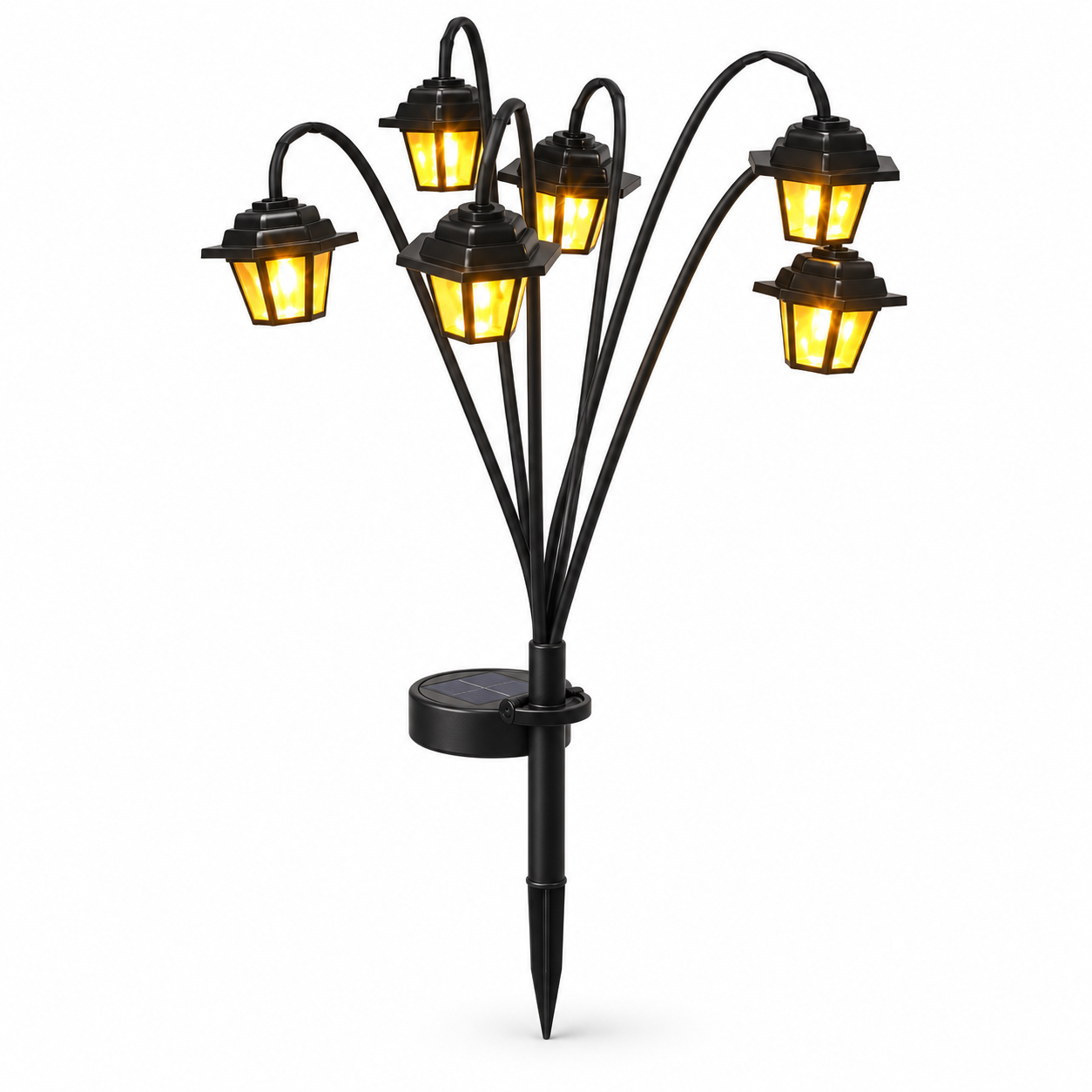 Retro Solar Garden Lantern with six glowing LED lantern heads on white background