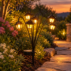 Retro Solar Garden Lantern with six glowing heads beside garden path
