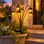 Retro Solar Garden Lantern lighting a welcoming front porch planter