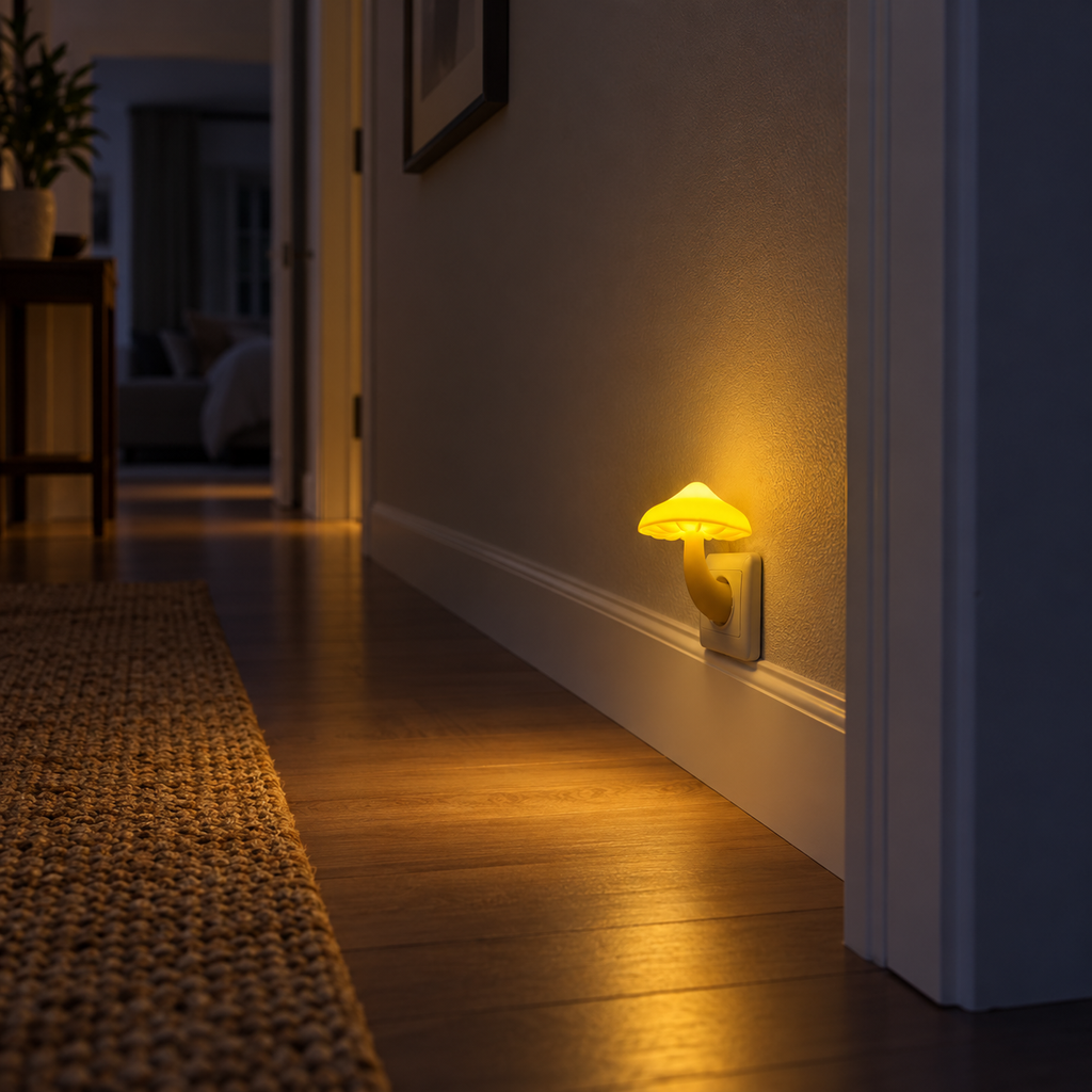 Modern Mushroom Accent Night Light illuminating a hallway