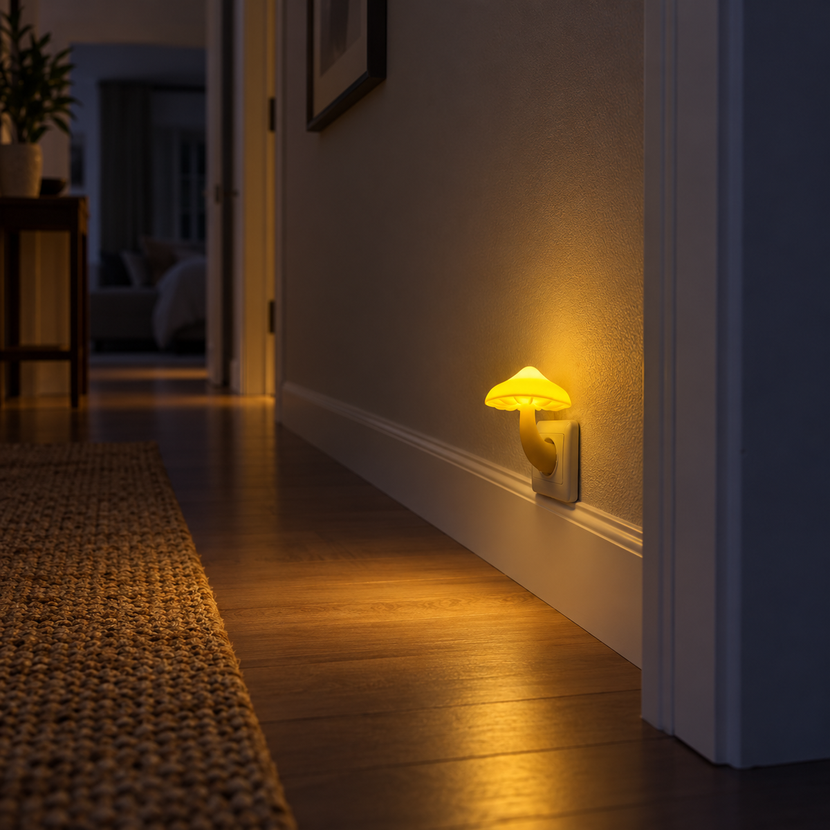 Modern Mushroom Accent Night Light illuminating a hallway