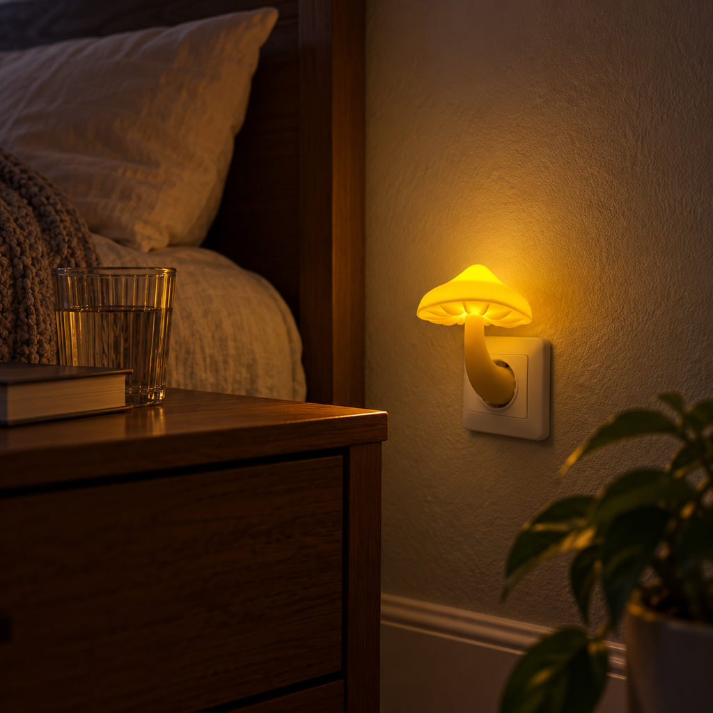 Modern Mushroom Accent Night Light glowing beside a nightstand