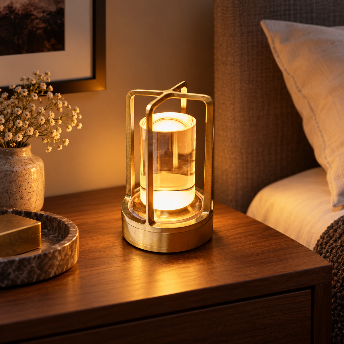 Decorative Crystal LED Lantern glowing on a bedroom nightstand