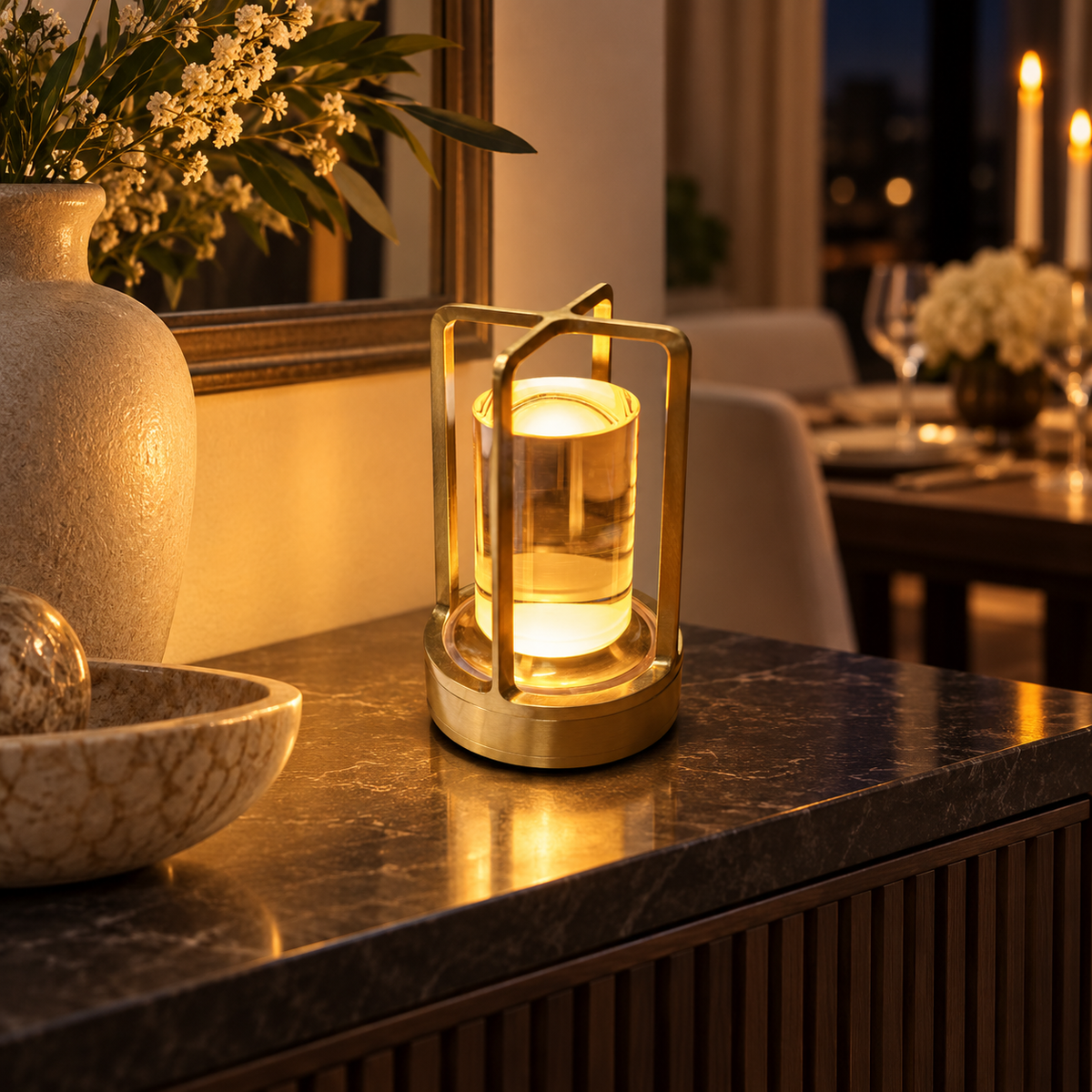 Decorative Crystal LED Lantern glowing on an elegant dining console
