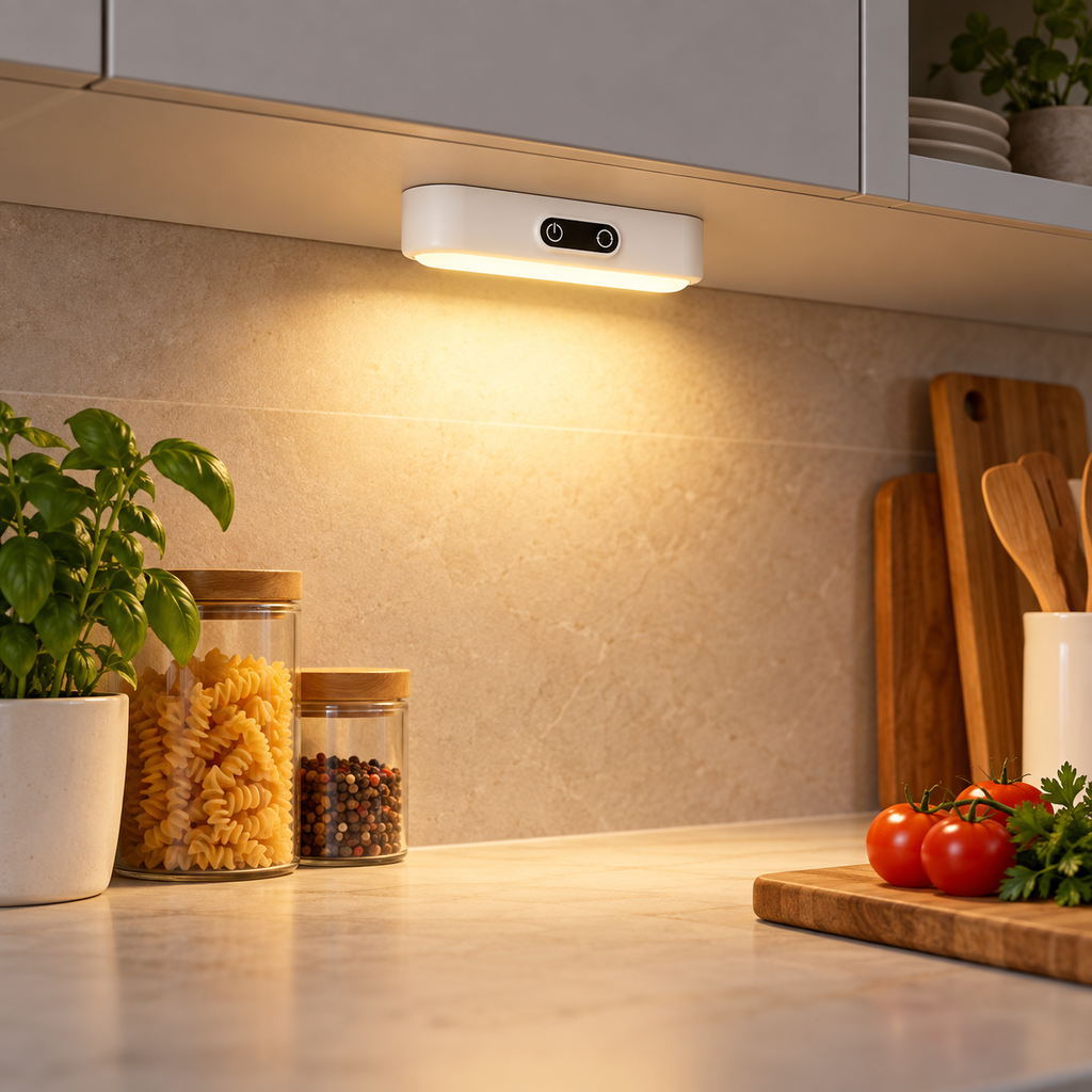 LED Motion Sensor Night Light installed under a kitchen cabinet