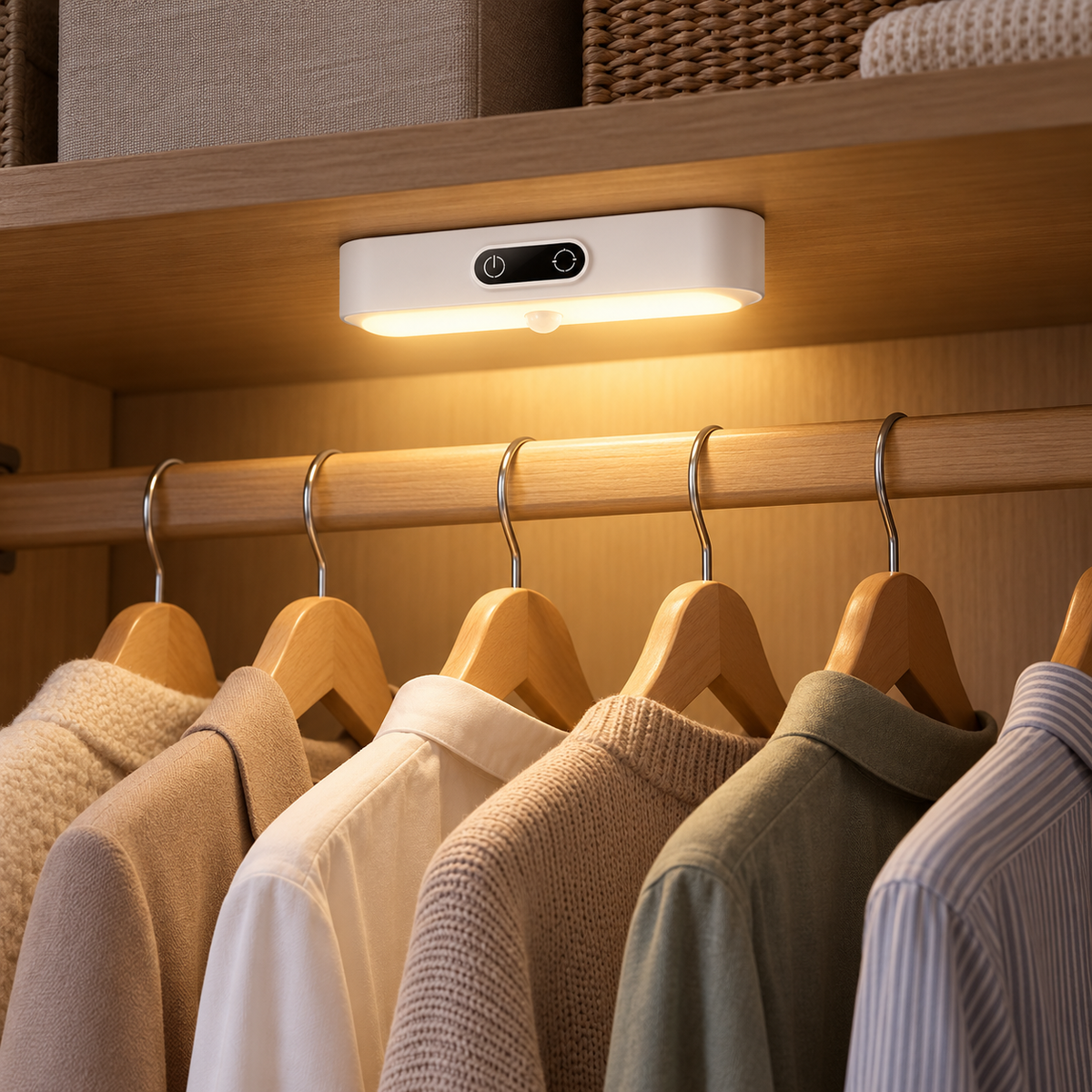 LED Motion Sensor Night Light illuminating an organized wardrobe