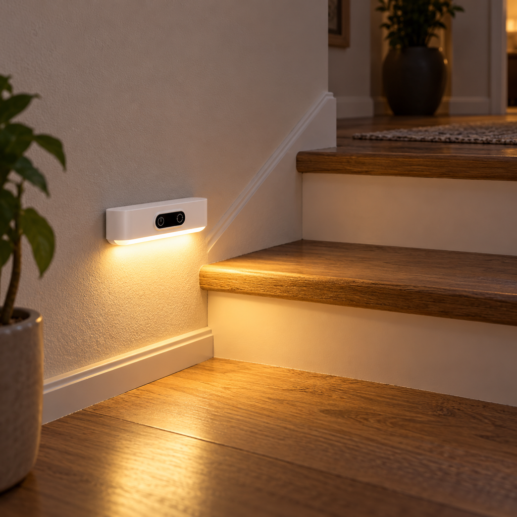 LED Motion Sensor Night Light illuminating a stair landing