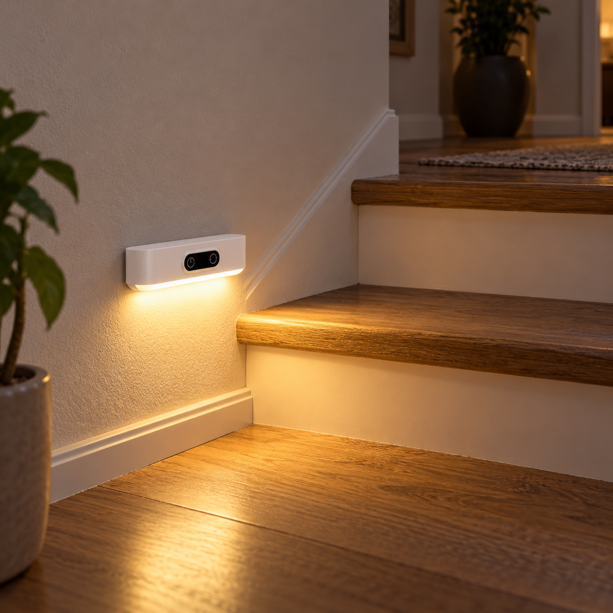 LED Motion Sensor Night Light illuminating a stair landing