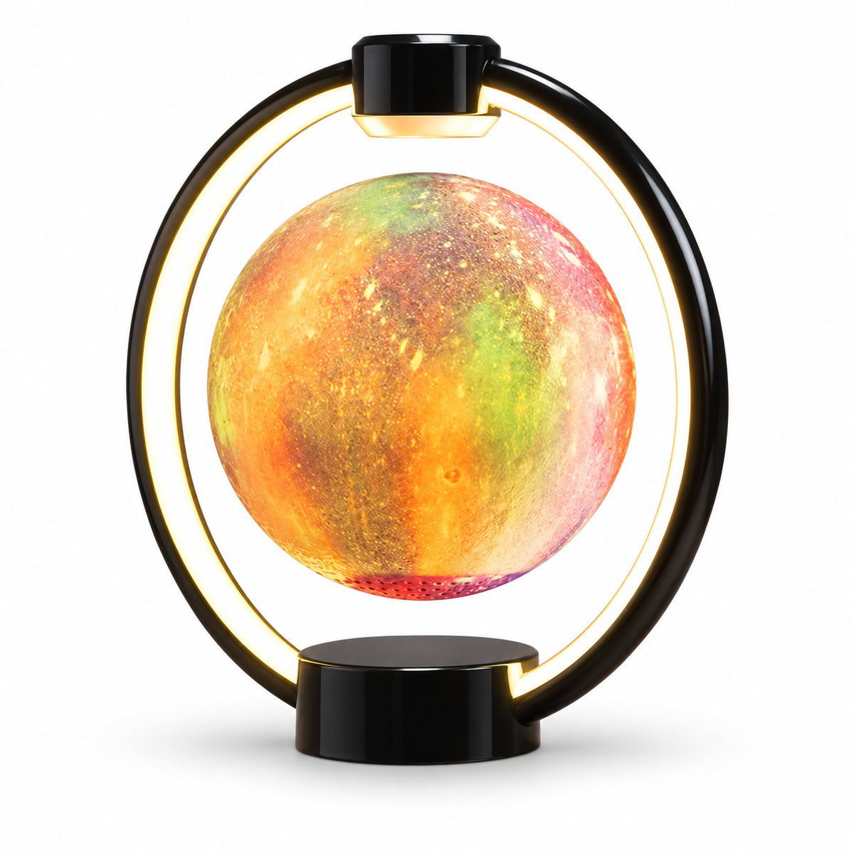 Multicolor Levitating Moon Lantern in black illuminated ring on white background