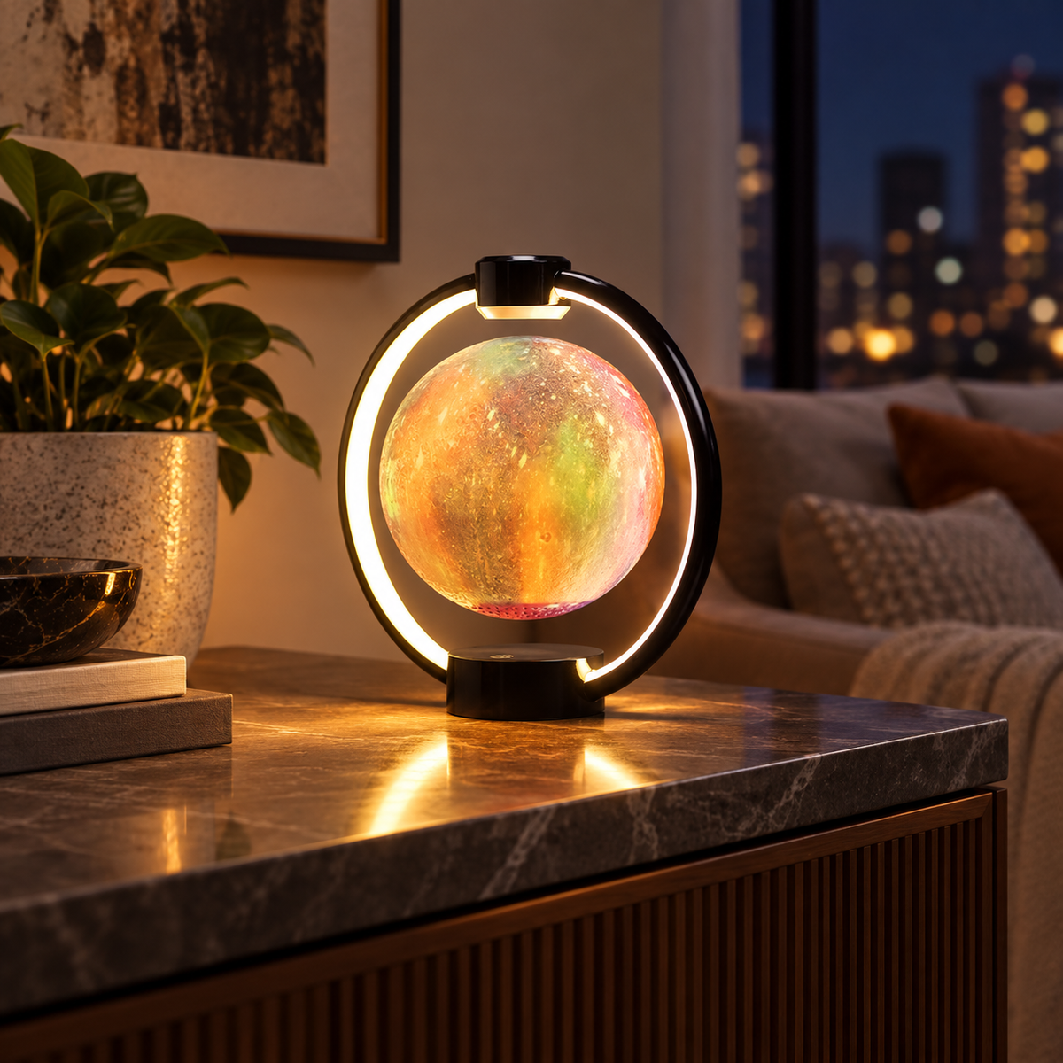 Multicolor Levitating Moon Lantern on a living room console