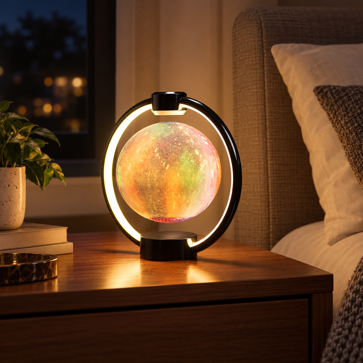 Multicolor Levitating Moon Lantern on a bedroom nightstand