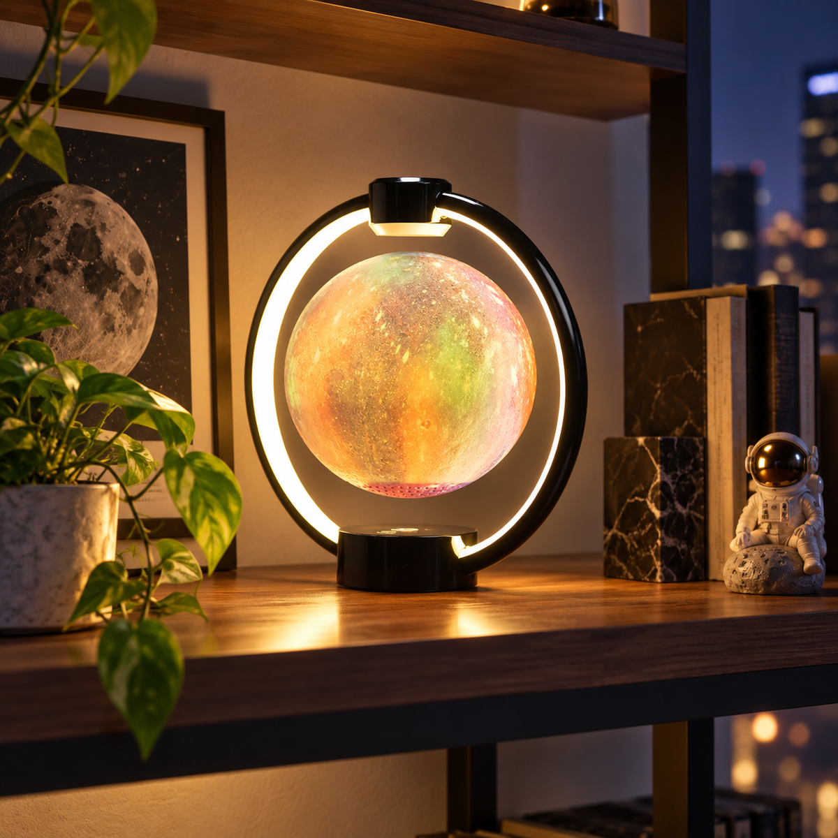 Multicolor Levitating Moon Lantern glowing on a home office shelf