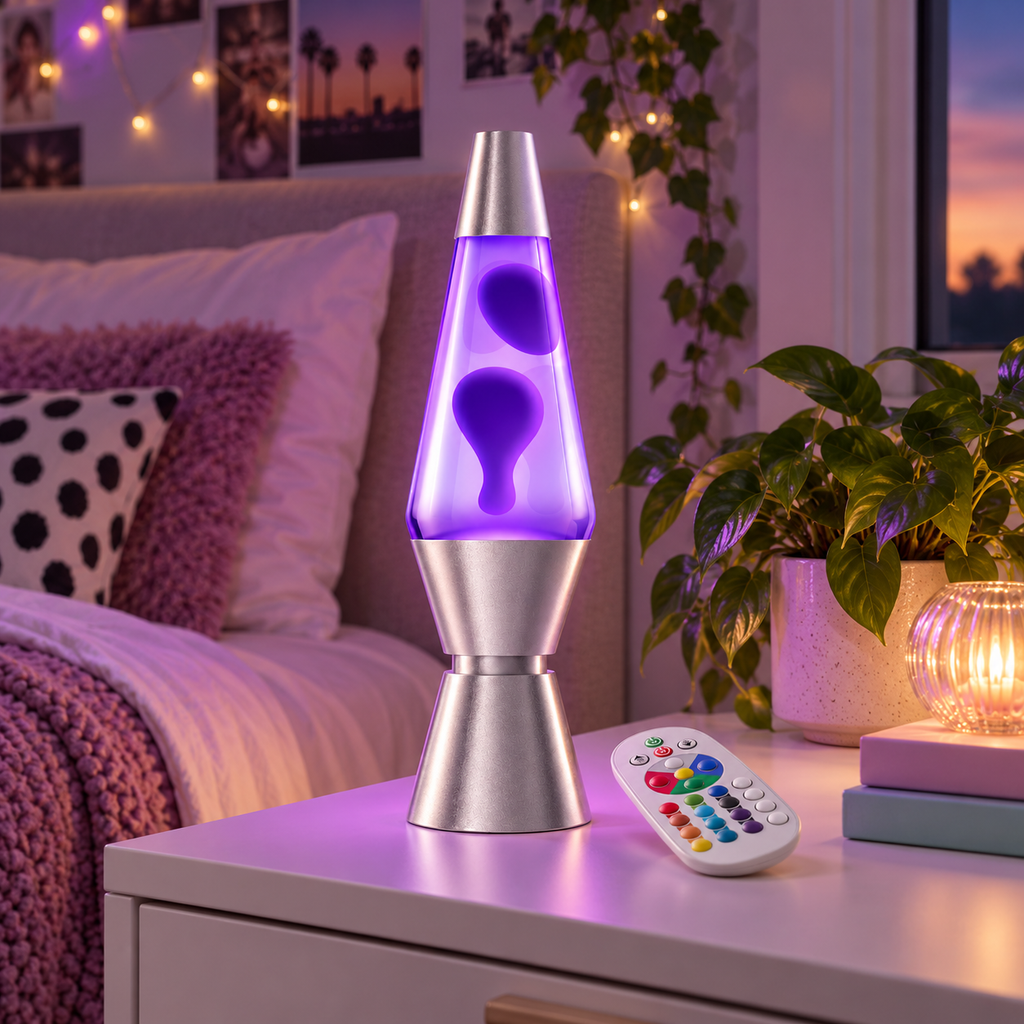 Classic Colorful Lava Table Lamp creating relaxing colorful bedroom ambience