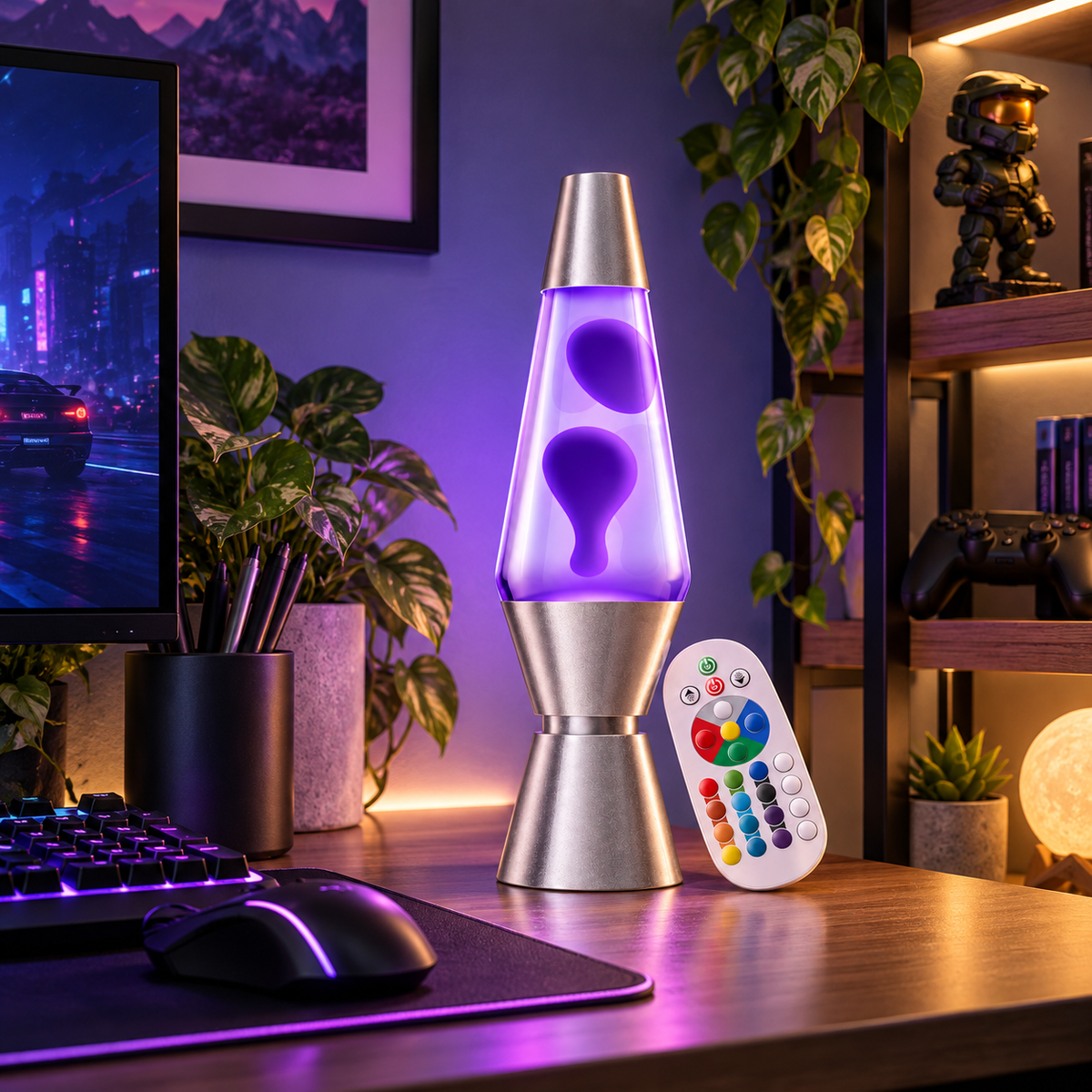 Classic Colorful Lava Table Lamp adding playful ambient light to a gaming desk