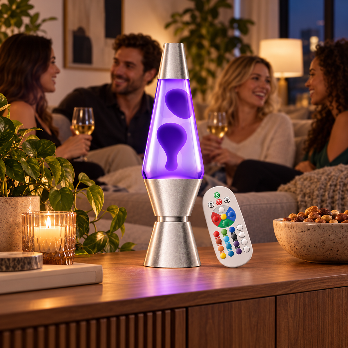 Classic Colorful Lava Table Lamp creating a colorful living room conversation piece