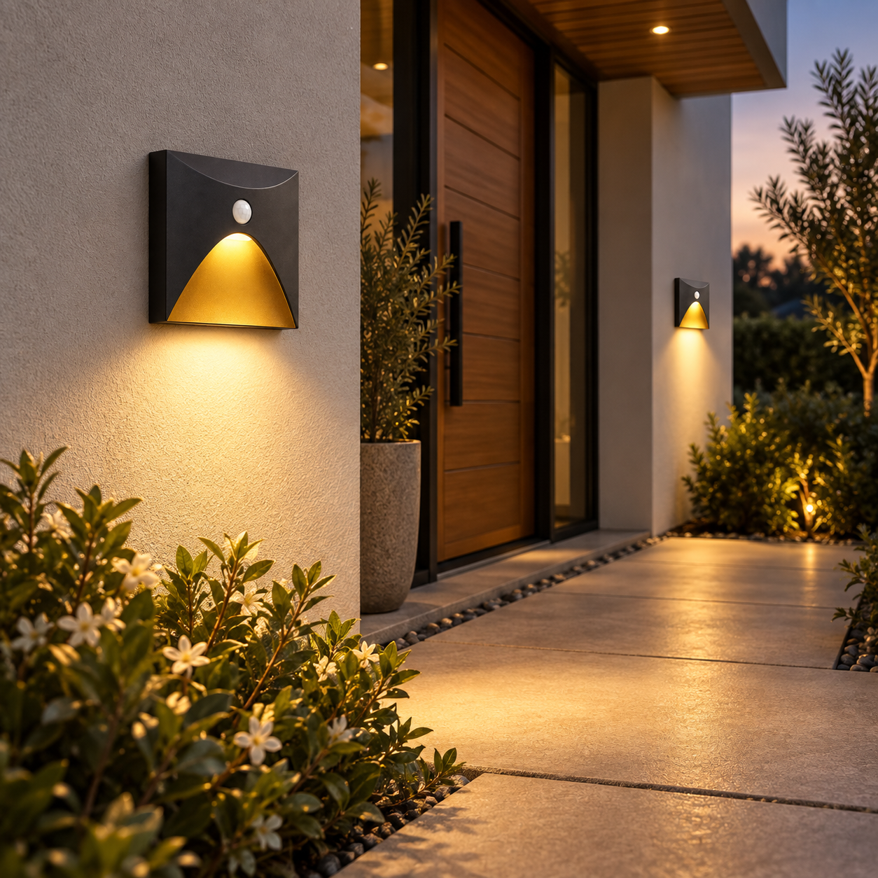 LuminiPath motion sensor wall lights illuminating a safe outdoor entry