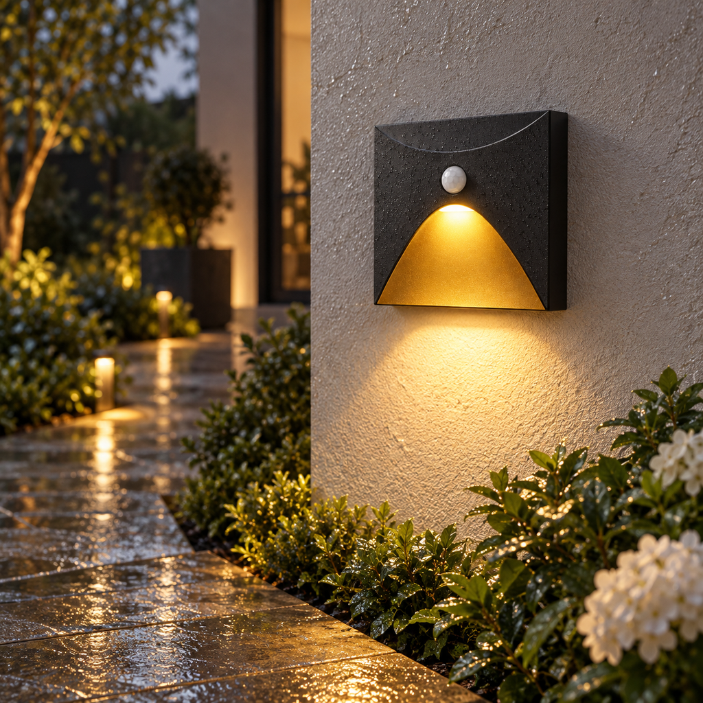 LuminiPath motion sensor wall lights guiding a landscaped path after rain