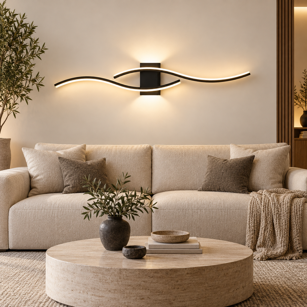 Modern long LED wall light bar providing sculptural living room ambience