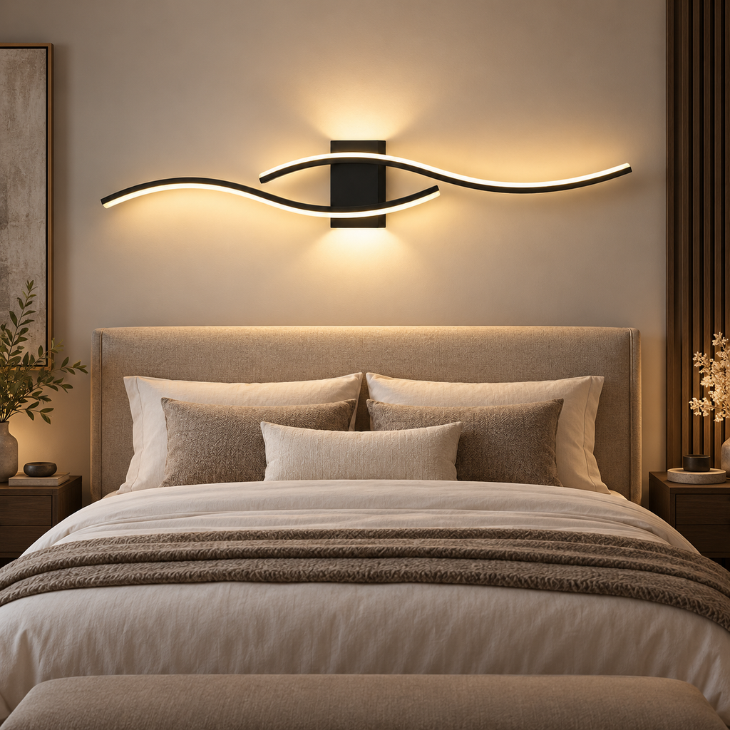 Modern long LED wall light bar providing gentle indirect bedroom lighting