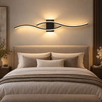 Modern long LED wall light bar providing gentle indirect bedroom lighting
