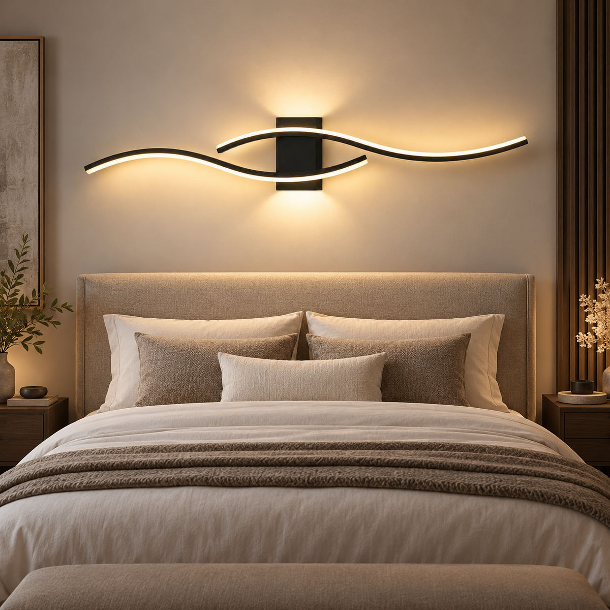 Modern long LED wall light bar providing gentle indirect bedroom lighting