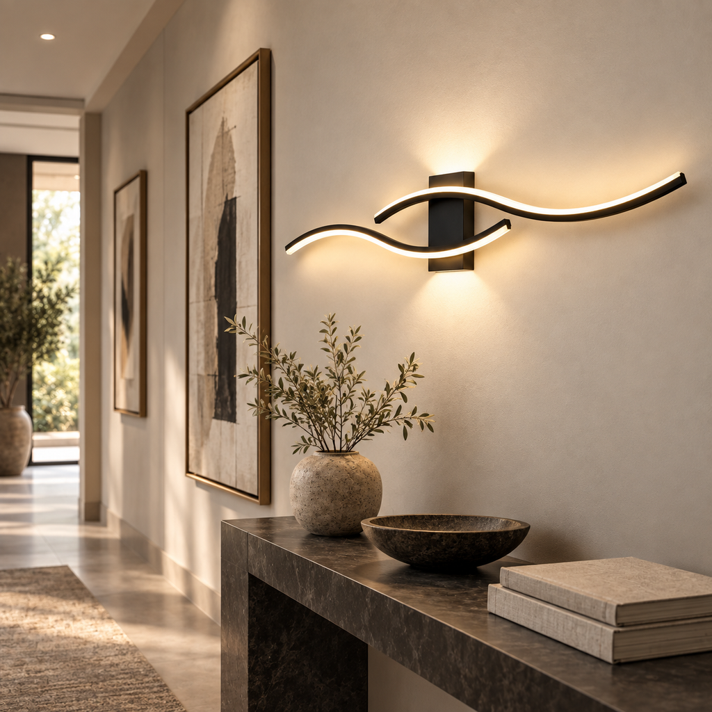 Modern long LED wall light bar washing a gallery hallway with warm light