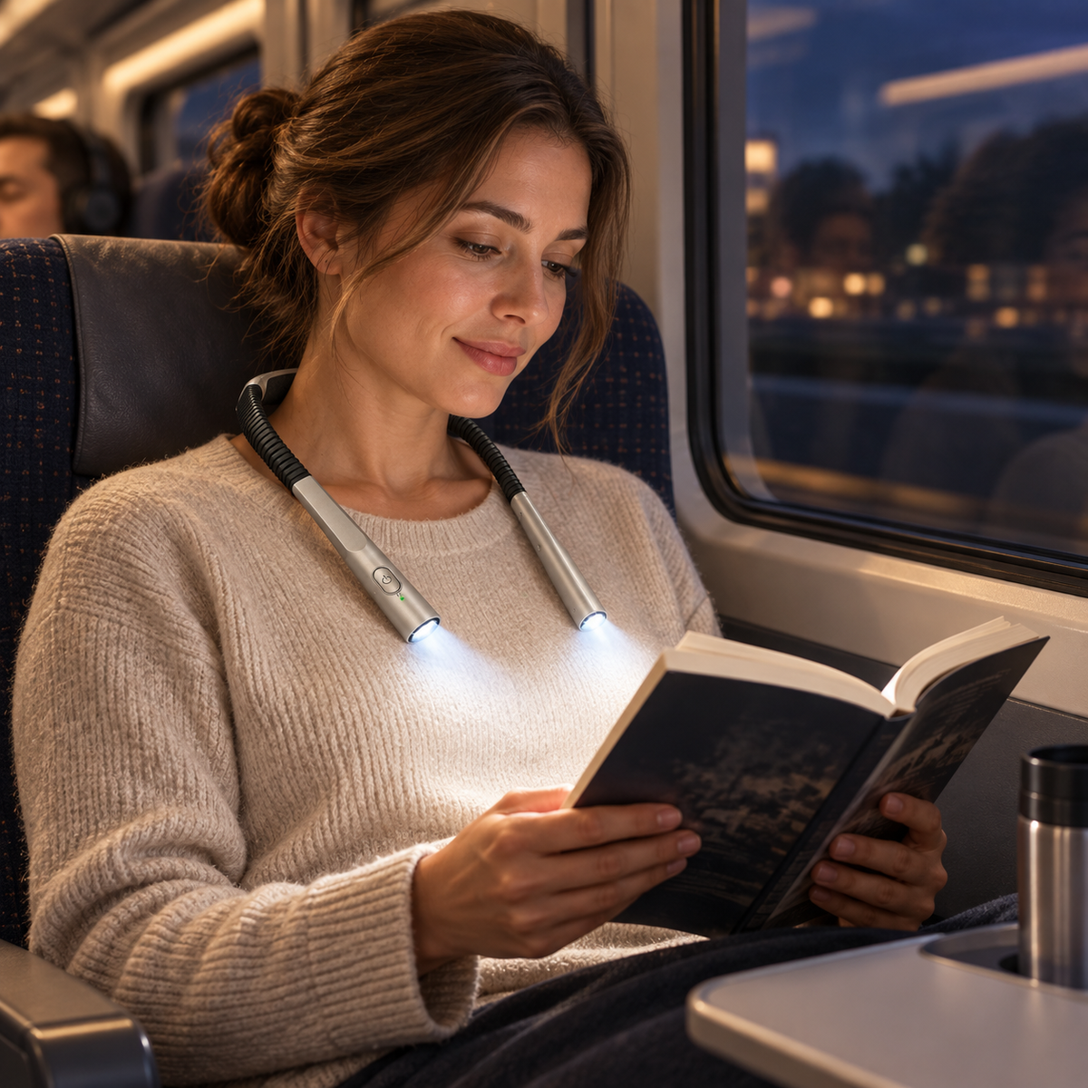 LED neck reading lamp providing private focused light while traveling