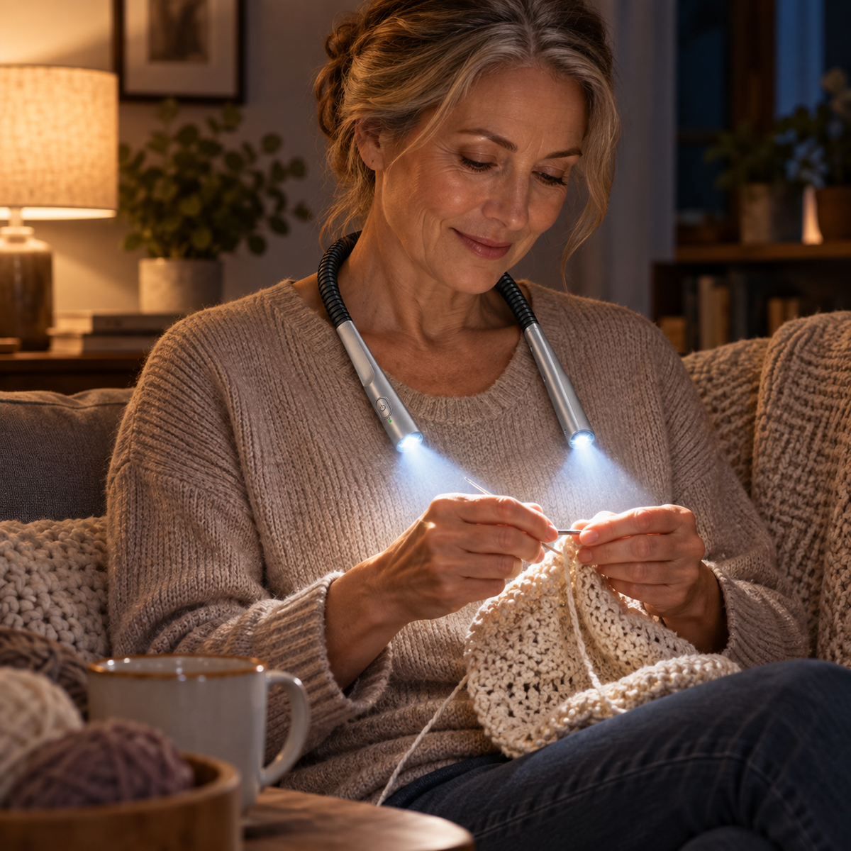 LED neck reading lamp providing hands-free illumination for detailed needlework