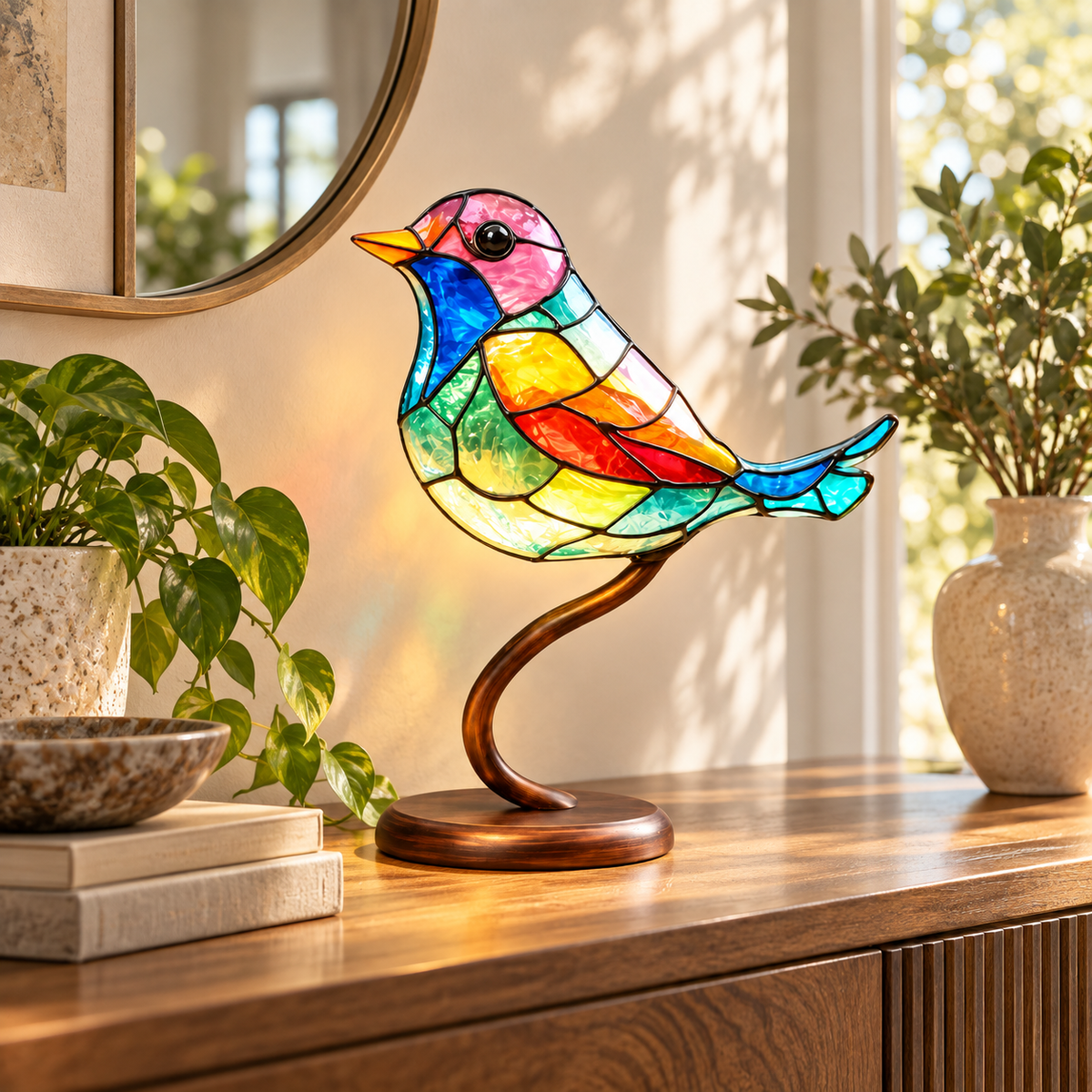 VitraGlow handcrafted colored bird accent adding artistic color to a console