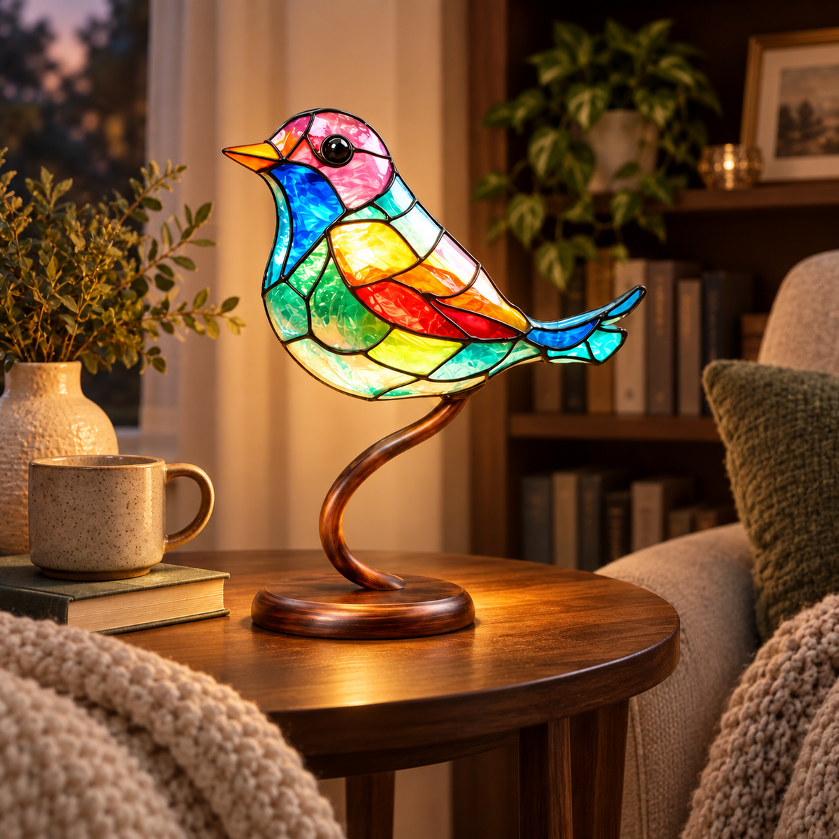 VitraGlow handcrafted colored bird accent adding artisan detail to a reading nook
