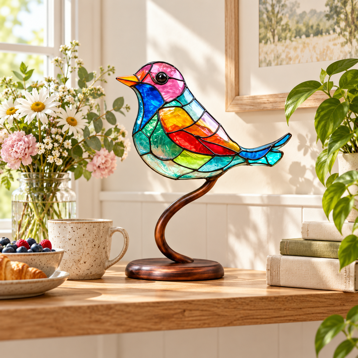 VitraGlow handcrafted colored bird accent brightening a breakfast nook