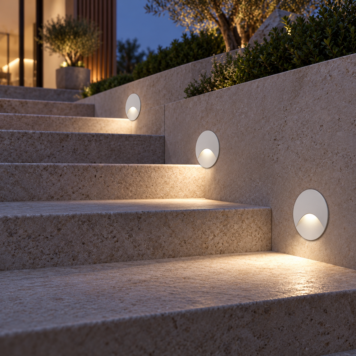 Recessed outdoor step lights improving stair safety at night