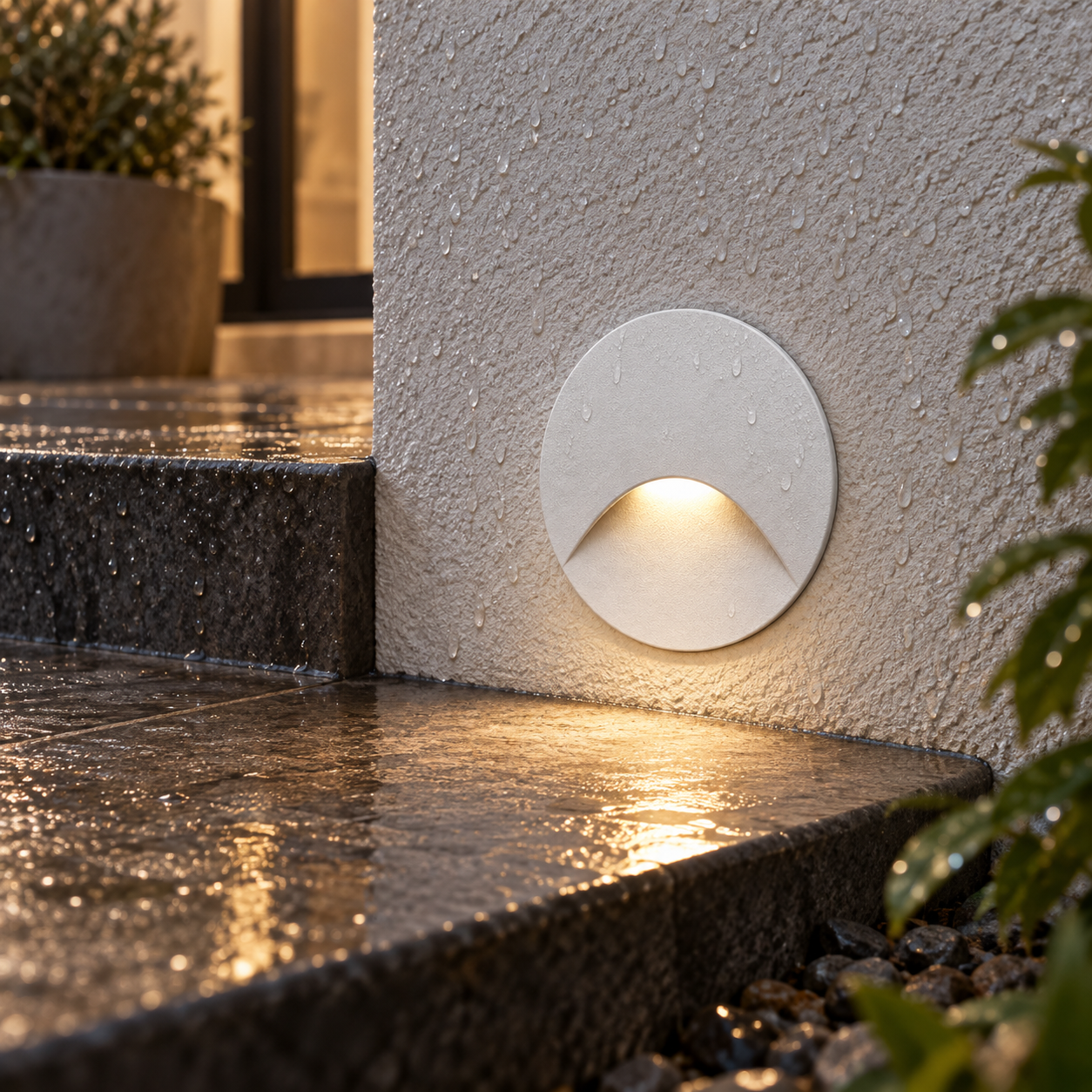 Weather-resistant recessed outdoor step light installed beside wet stone steps