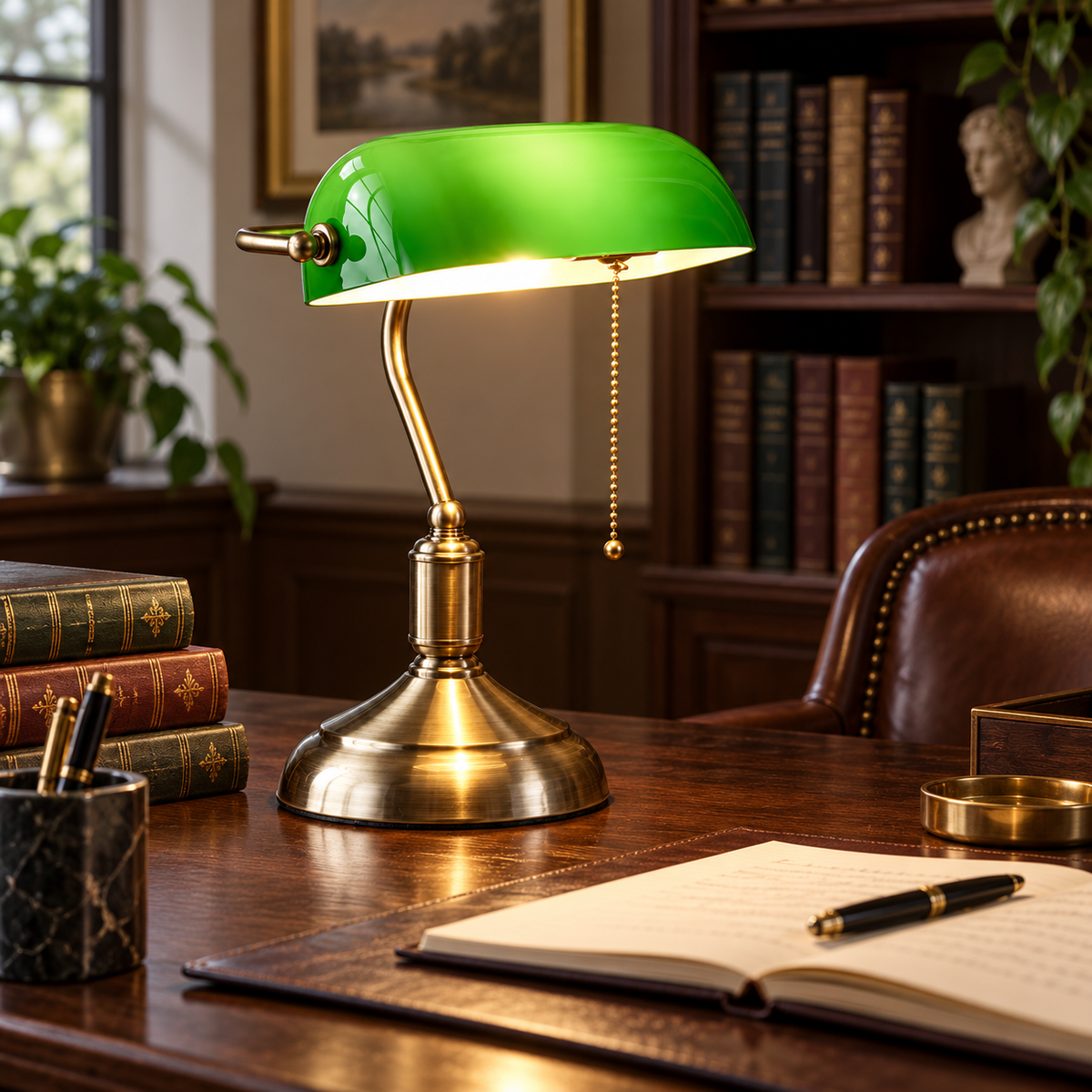 Classic banker desk lamp providing focused home office task light