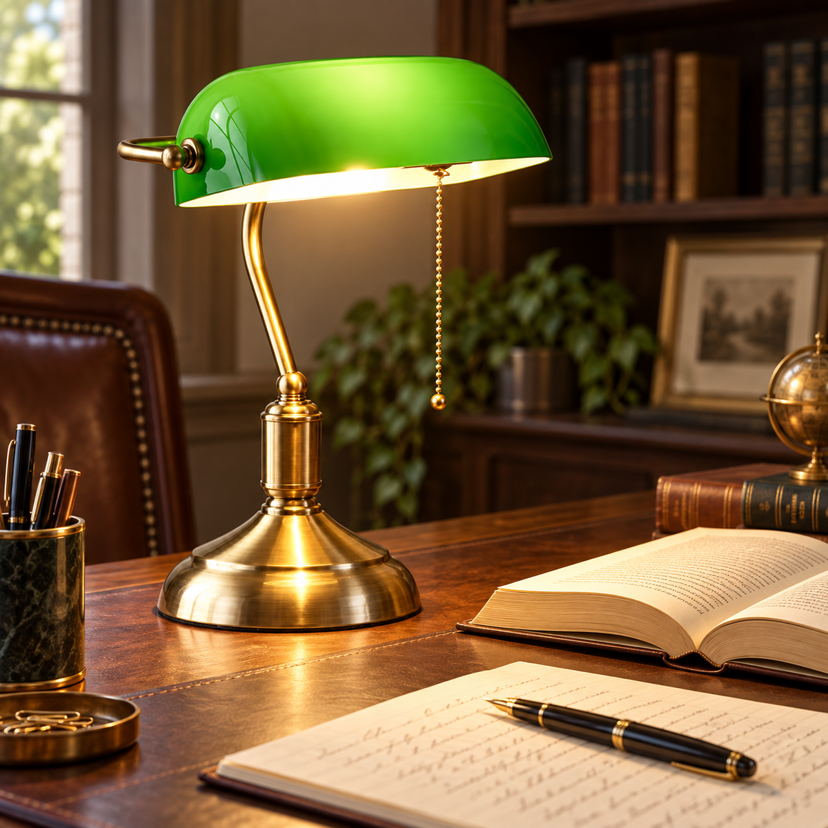 Classic banker desk lamp illuminating notes and an open book