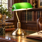 Classic banker desk lamp adding timeless green glass detail to a library